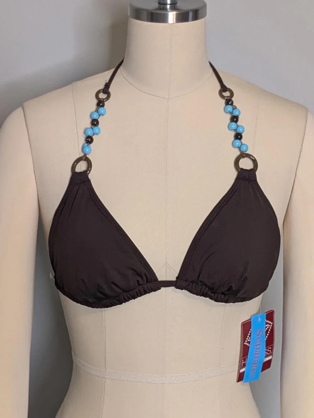 Sold Hot Kiss Y2K Brown Triangle Bikini Top with Turquoise Bead Accents Size M - Picture 1 of 7